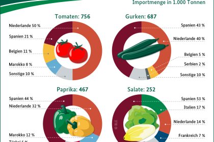 BZL-Grafik: Importmengen und Lieferländer für Tomaten, Gurken, Paprika und Salate im Jahr 2025