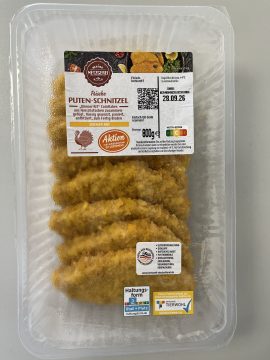 Verpackung der zurückgerufenen frischen Puten-Schnitzel Wiener Art, 800 Gramm
