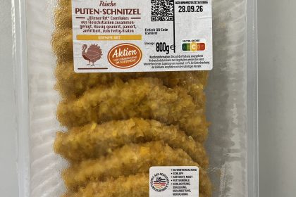 Verpackung der zurückgerufenen frischen Puten-Schnitzel Wiener Art, 800 Gramm