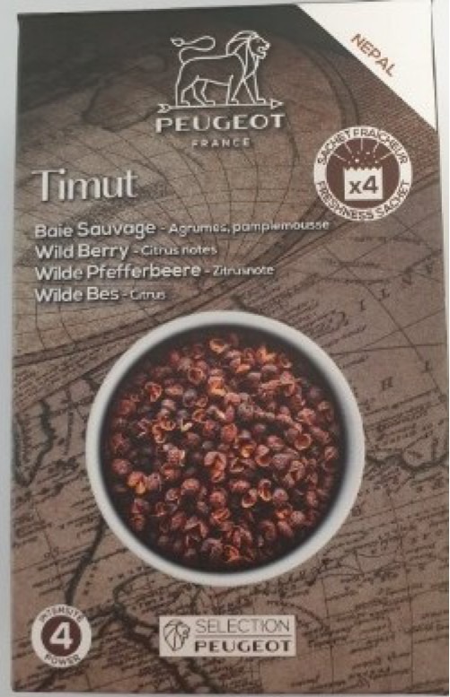 Peugeot-Saveurs-Verpackung Timut mit Abbildung einer Schale Pfefferbeeren