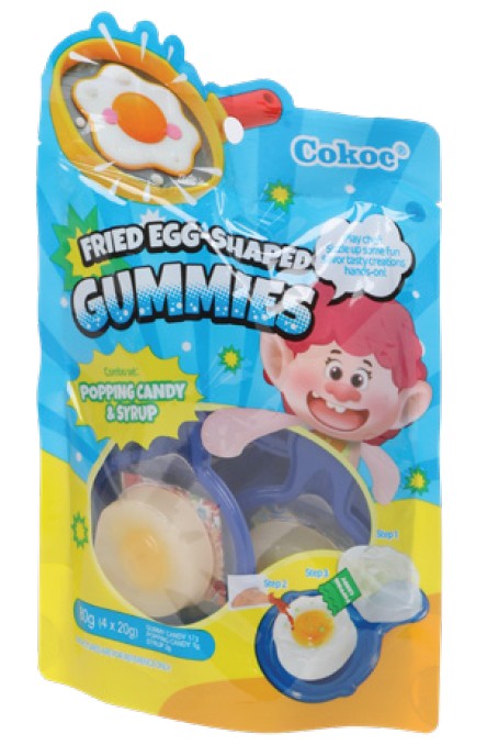 Blaue Cokoc-Packung mit Fruchtgummis in Spiegeleierform, 80 Gramm