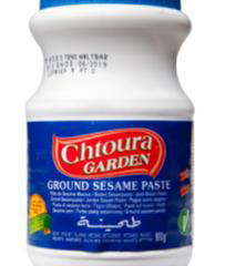 Weiße Chtoura-Garden-Dose mit blauem Deckel und Etikett Ground Sesame Paste