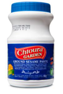 Weiße Chtoura-Garden-Dose mit blauem Deckel und Etikett Ground Sesame Paste