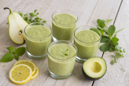 Vier Gläser hellgrüner Birnen-Bananen-Smoothie mit frischen Wildkräutern, Birne, Zitrone und Avocado.