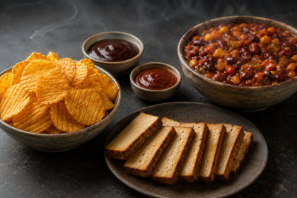 KI-Illustration mit Kartoffelchips, Tofuscheiben, Grillsoßen und Bohneneintopf