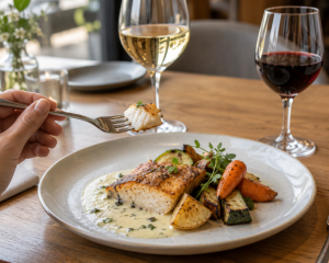 Fischbissen zwischen Rot- und Weißwein