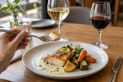 Fischbissen zwischen Rot- und Weißwein
