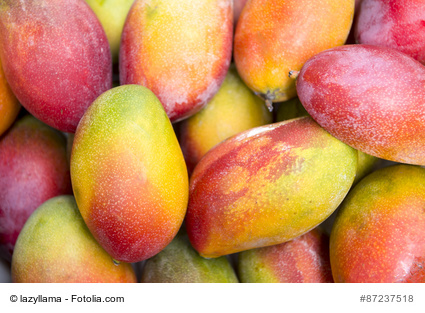Fresh colorful tropical mangoes on display at outdoor farmers market in Rio de Janeiro Brazil