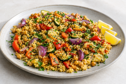 Gerösteter Gemüse-Couscous mit Kichererbsen, Kreuzkümmel, Petersilie und Schwarzkümmel.