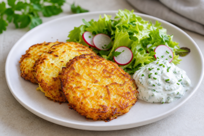 Goldbraune Kartoffel-Gouda-Rösti mit Kräuterquark und Blattsalat auf einem Teller.