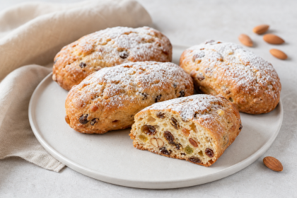 Vier kleine Quarkstollen mit Orangeat und Zitronat, einer davon angeschnitten, auf einem hellen Teller