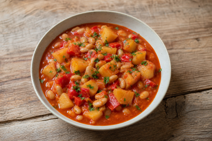 Paprika-Kartoffel-Gulasch mit weißen Bohnen und Petersilie in einer hellen Schale.