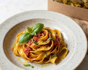 Low-Carb-Pasta von Panifactum mit Tomatensauce und Basilikum