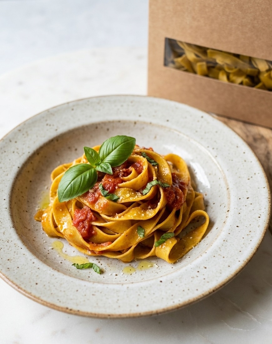 Low-Carb-Pasta von Panifactum mit Tomatensauce und Basilikum
