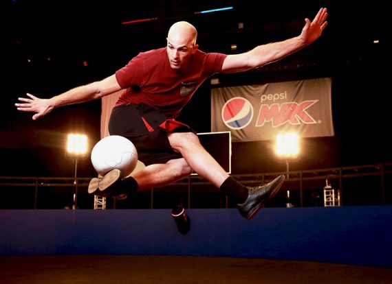 EDITORIAL USE ONLY Daniel Cutting, Professional Football Freestyler and FIVE-TIME Guinness World Record Holder, performs at the launch of the Pepsi MAX Volley Arena in Essex. PRESS ASSOCIATION Photo. Picture date: Thursday April 21, 2016. Photo credit should read: Matt Alexander/PA Wire