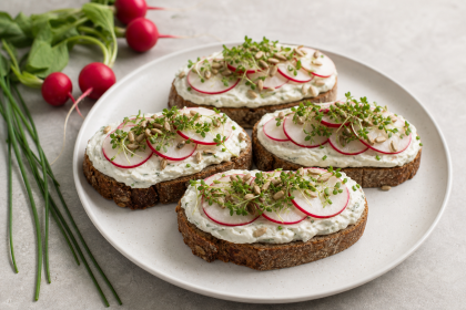 Roggen-Weizen-Stullen mit Kräuterquark, Radieschen, Kresse und Sonnenblumenkernen auf einem Teller