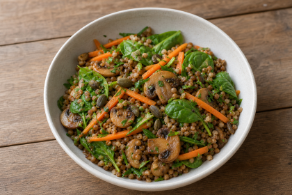 Warmer Buchweizen-Linsensalat mit Champignons, Möhren, Spinat und Petersilie in einer Schale
