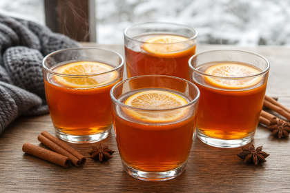 Vier Gläser Winterpunsch mit Orangenscheiben, Zimt und Sternanis.