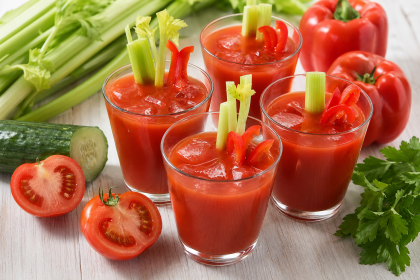 Vier Gläser würziger Tomaten-Gemüsesaft mit Sellerie und Paprika