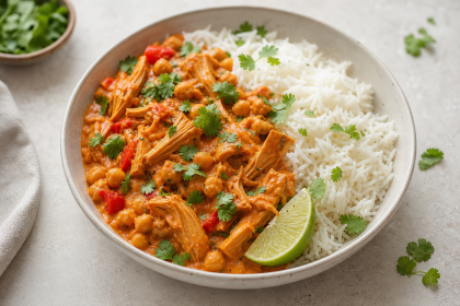 Schale mit Jackfruit-Kichererbsen-Curry, Basmatireis und Limettenspalte.