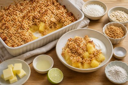 Warmer Ananas-Crumble mit Kokos, Haferflocken und einem Klecks Naturjoghurt