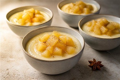 Cremiger Grießpudding mit gewürztem Birnenkompott und Sternanis
