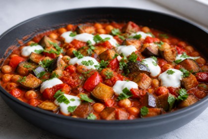 Auberginen-Kichererbsen-Pfanne mit Tomaten und Zitronenjoghurt