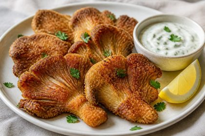 Knusprig panierte Austernpilz-Schnitzel mit Zitronen-Kräuter-Dip