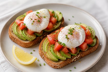 Geröstete Vollkornbrote mit Avocado, Tomaten und pochiertem Ei