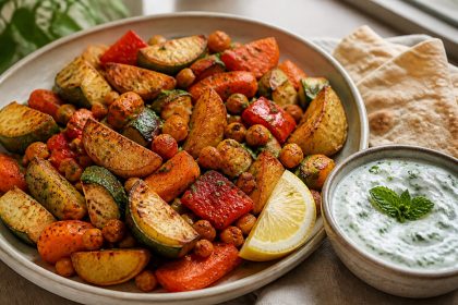 Baharat-Ofengemüse mit Kartoffeln, Kichererbsen und Minz-Joghurt