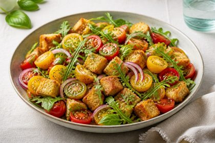 Tomaten-Brotsalat mit Rucola, roter Zwiebel und Balsamico
