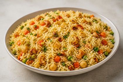 Basmati-Reis-Pilaw mit Möhren, Erbsen, Kichererbsen und Cashewkernen