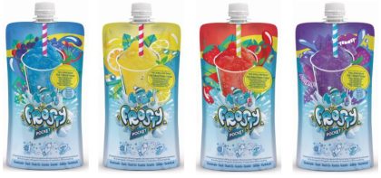 Vier Sorten Frosty Pocket Slush-Eis in 150-Milliliter-Quetschbeuteln