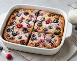 Goldbrauner Beeren-Ofenpfannkuchen mit Himbeeren und Heidelbeeren in einer weißen Auflaufform