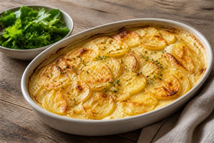 Goldbraun gebackenes Kartoffelgratin mit Bergkäse und grünem Blattsalat
