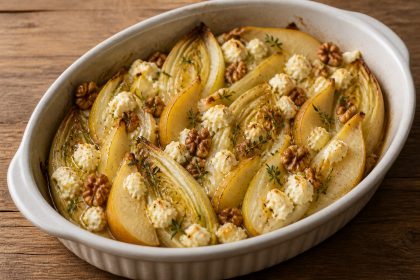 Birnen-Chicorée-Gratin mit Ziegenkäse und Walnüssen