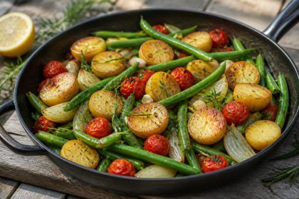 Bohnen-Kartoffel-Pfanne mit Tomaten und frischem Bohnenkraut