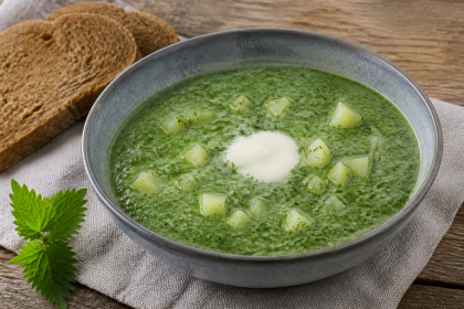 Cremige Kartoffelsuppe mit gegarten Brennnesselblättern