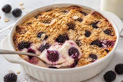 Brombeer-Quark-Gratin mit goldbraunen Haferstreuseln