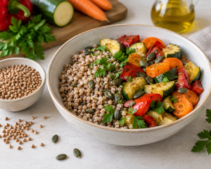 Buchweizen-Gemüse-Bowl mit geröstetem Gemüse, Petersilie und Kürbiskernen