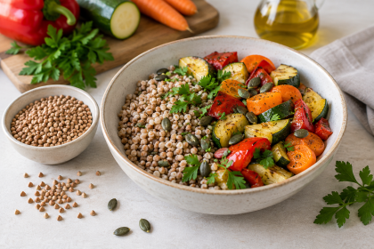 Buchweizen-Gemüse-Bowl mit geröstetem Gemüse, Petersilie und Kürbiskernen