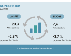BVE-Grafik: Umsatz 20,3 Milliarden Euro und Export 7,6 Milliarden Euro im Juli 2026