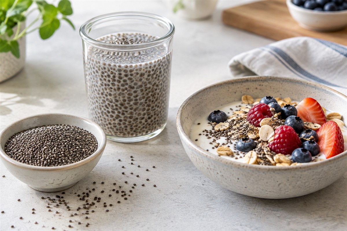Trockene und gequollene Chiasamen mit Müsli