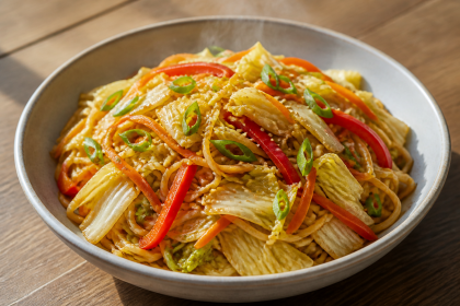 Chinakohl-Nudelpfanne mit Möhren, roter Paprika, Frühlingszwiebeln und Sesam