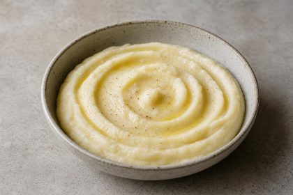 Cremiges Wurzelpetersilienpüree mit Butterglanz und einer Prise Muskat in einer Keramikschale