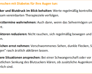 Fünf DDG-Empfehlungen für Menschen mit Diabetes: Blutzucker und Blutdruck kontrollieren, Augentermine wahrnehmen, Risiken reduzieren, Warnzeichen abklären und besondere Situationen besprechen.