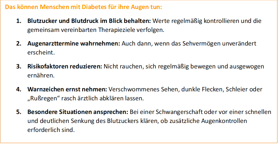 Fünf DDG-Empfehlungen: Werte kontrollieren, Augentermine wahrnehmen, Risiken reduzieren, Warnzeichen abklären und besondere Situationen besprechen.