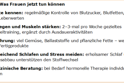 DDG-Ratgebergrafik: Werte kontrollieren; Bewegung und Muskeln stärken; Gemüse, Ballaststoffe und pflanzliche Fette bevorzugen; ausreichend schlafen und Stress abbauen; medizinische Beratung individuell nutzen.
