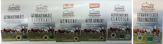 Mehrere zurückgerufene Käsesorten der Dorfkäserei Geifertshofen in Folienverpackung