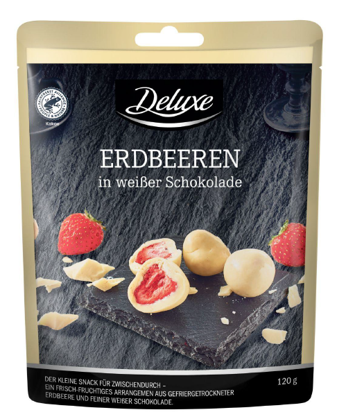 Packung Deluxe Erdbeeren in weißer Schokolade, 120 Gramm